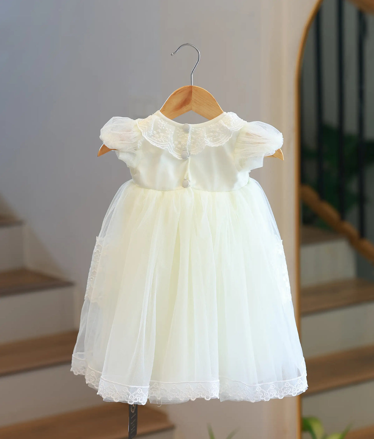 Off-White Tulle Net Handworked Baptism Gown for Baby Girl [5075]