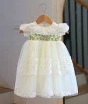 Off-White Tulle Net Handworked Baptism Gown for Baby Girl [5075A]