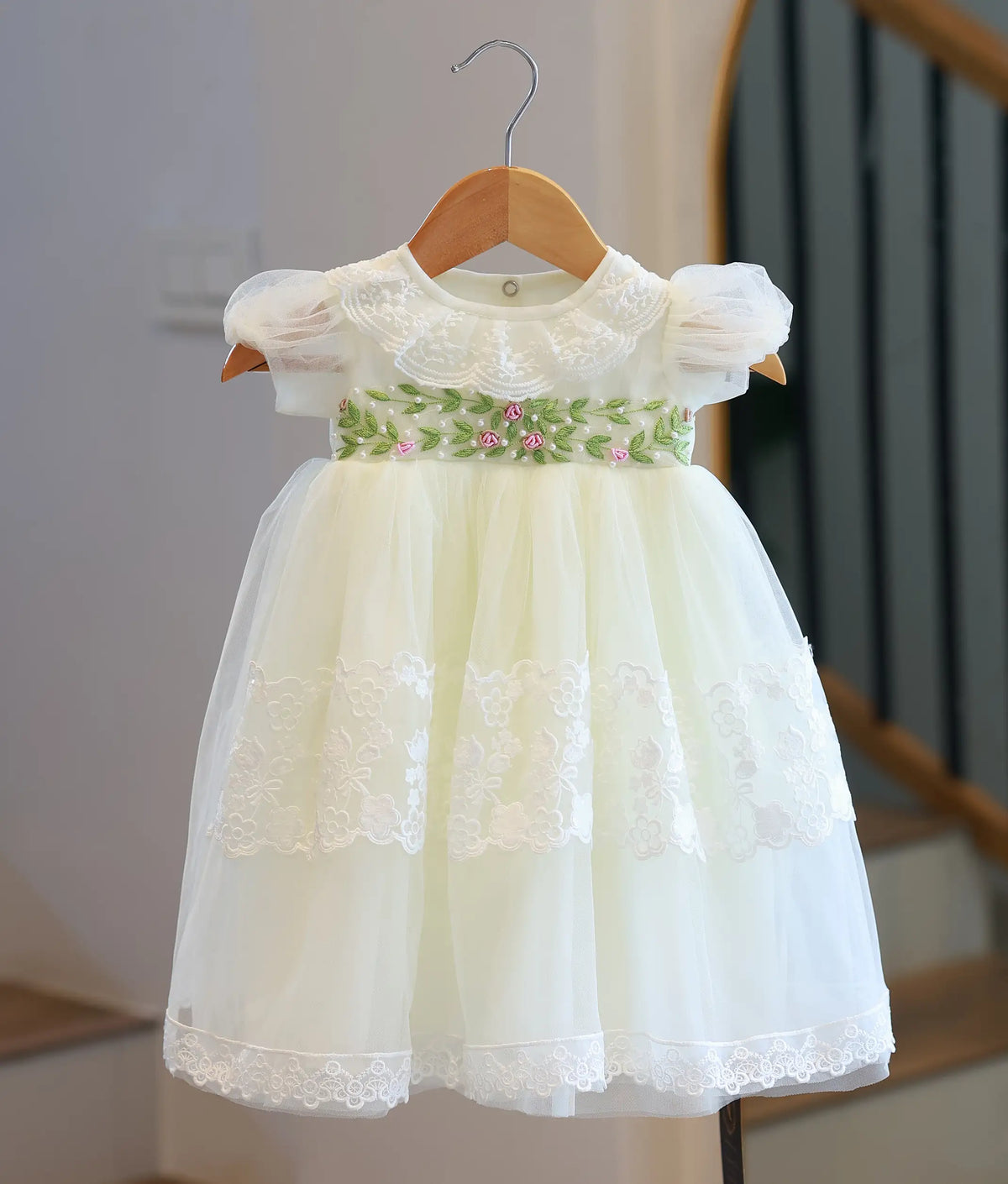 Off-White Tulle Net Handworked Baptism Gown for Baby Girl [5075A]