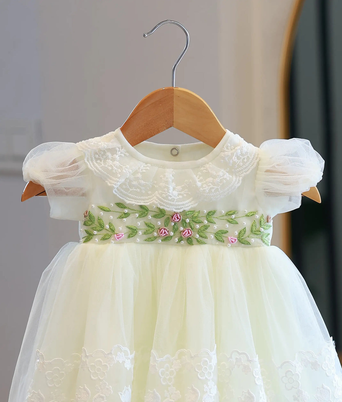 Off-White Tulle Net Handworked Baptism Gown for Baby Girl [5075A]