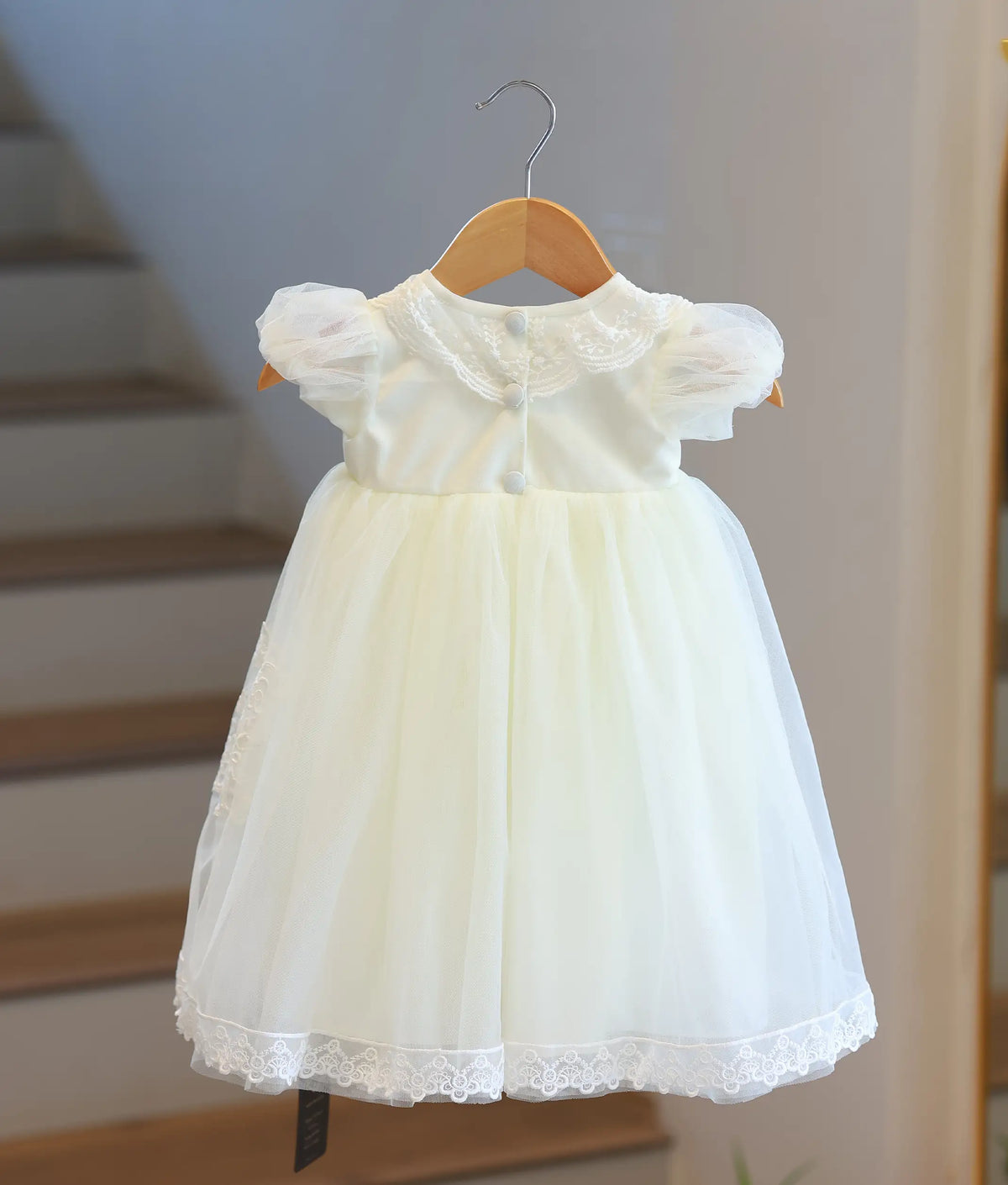 Off-White Tulle Net Handworked Baptism Gown for Baby Girl [5075A]