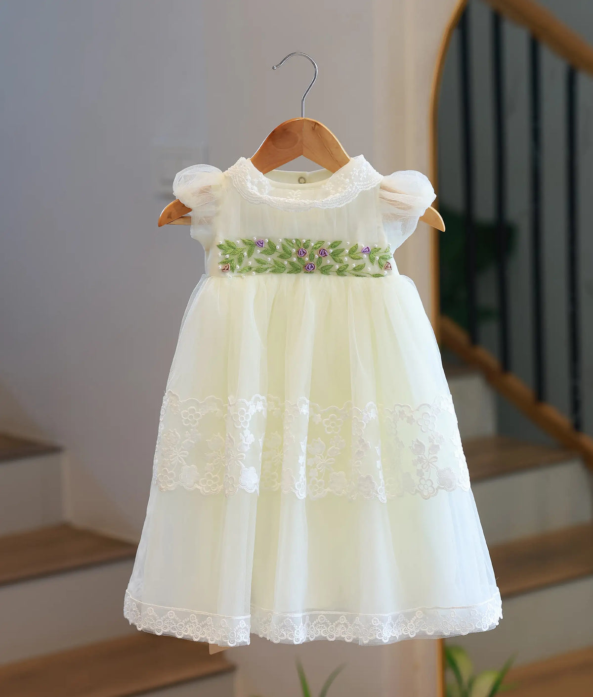 Off-White Tulle Net Handworked Baptism Gown for Baby Girl [5075B]