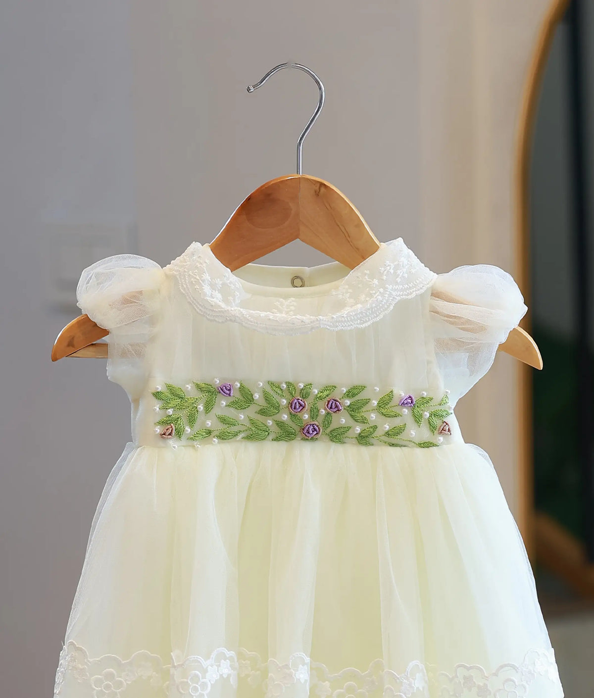 Off-White Tulle Net Handworked Baptism Gown for Baby Girl [5075B]