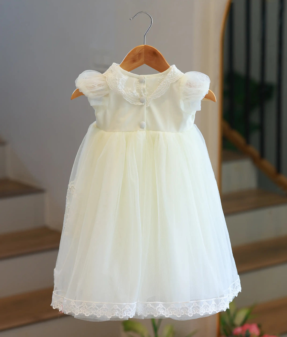 Off-White Tulle Net Handworked Baptism Gown for Baby Girl [5075B]