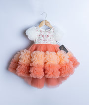 Offwhite Tulle Net Handworked Yoke With Peach High Low Birthday Frock For Baby Girl [Pre order:5086]