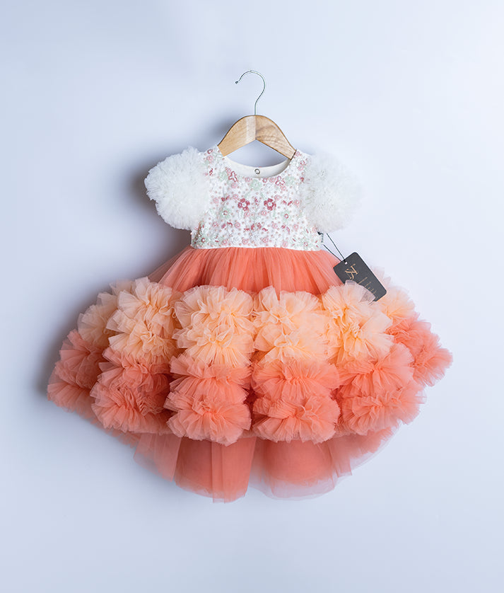 Offwhite Tulle Net Handworked Yoke With Peach High Low Birthday Frock For Baby Girl [Pre order:5086]