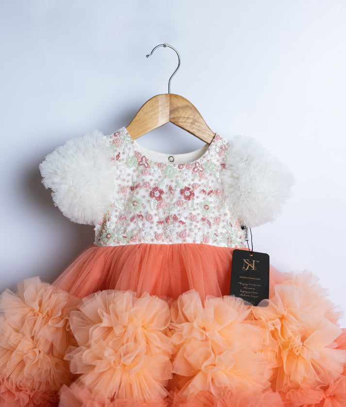 Offwhite Tulle Net Handworked Yoke With Peach High Low Birthday Frock For Baby Girl [Pre order:5086]