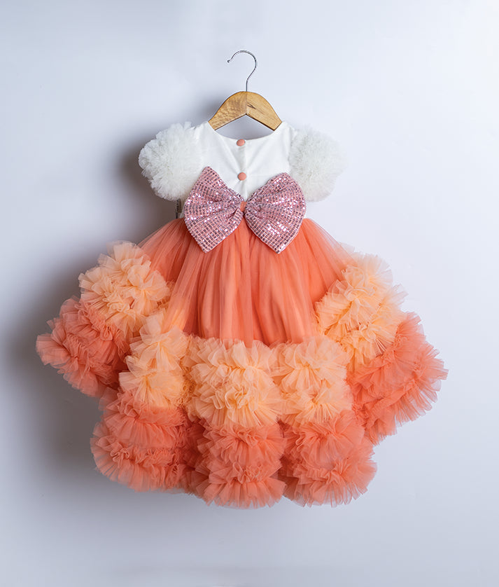 Offwhite Tulle Net Handworked Yoke With Peach High Low Birthday Frock For Baby Girl [Pre order:5086]