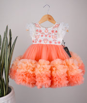 Offwhite Handwork Yoke With Peach Frill Skirt Birthday Frock For Baby Girl [Pre order:5086A ]