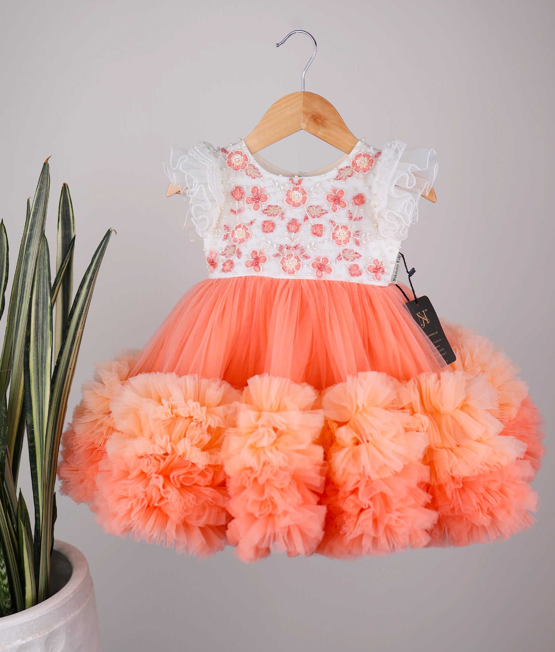 Offwhite Handwork Yoke With Peach Frill Skirt Birthday Frock For Baby Girl [Pre order:5086A ]
