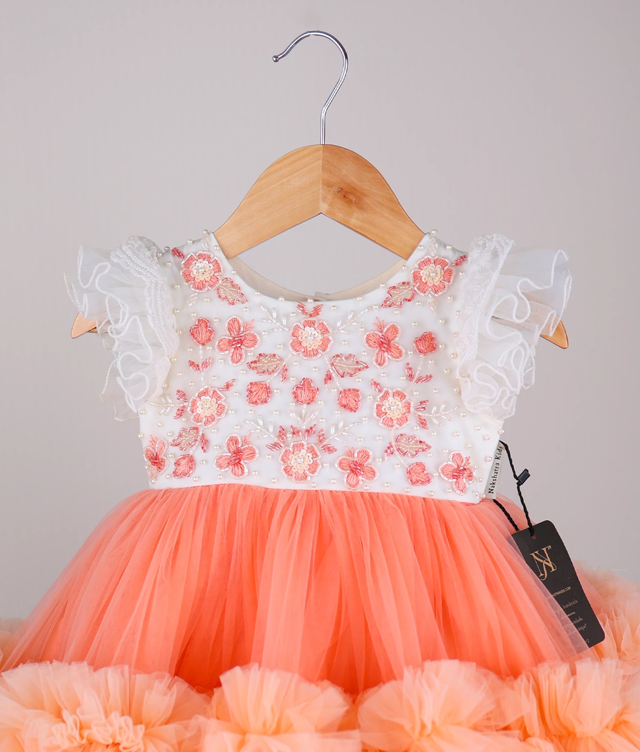 Offwhite Handwork Yoke With Peach Frill Skirt Birthday Frock For Baby Girl [Pre order:5086A ]