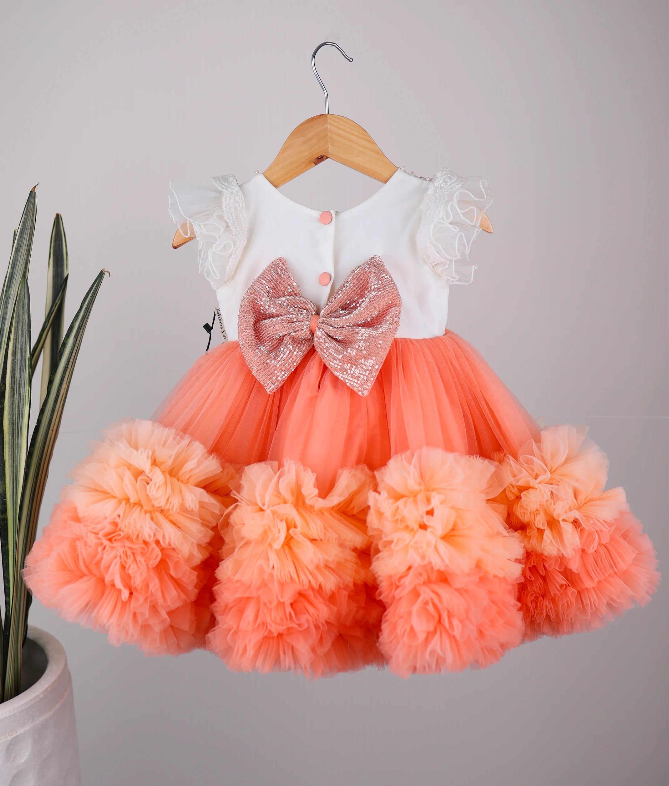 Offwhite Handwork Yoke With Peach Frill Skirt Birthday Frock For Baby Girl [Pre order:5086A ]