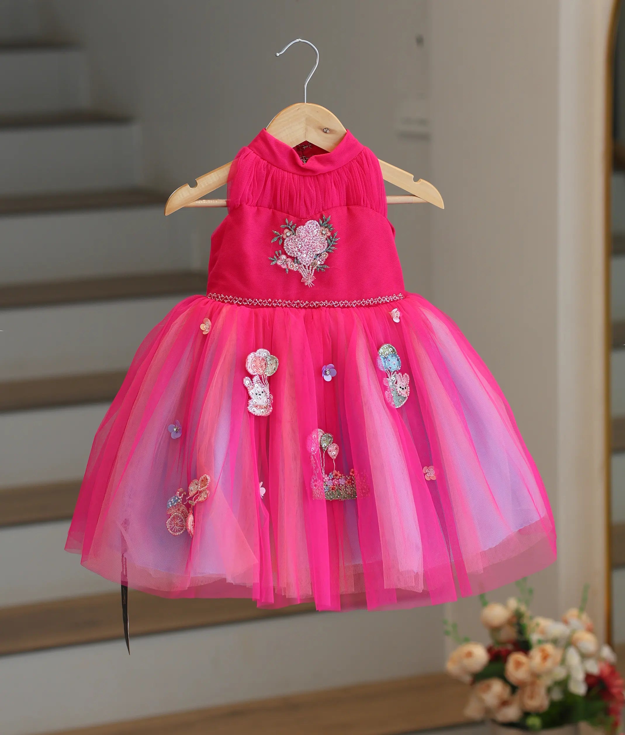Rani Pink Tulle Net Rainbow Theme Birthday Frock For Baby Girl [Pre Order: 5093]