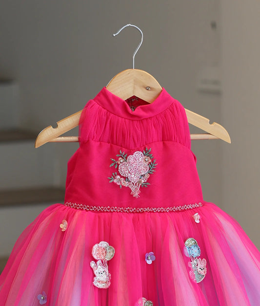 Rani Pink Tulle Net Rainbow Theme Birthday Frock For Baby Girl [Pre Order: 5093]