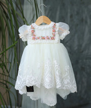 Off-white Tulle Net Handworked High Low Baptism Frock For Baby Girl [Pre-order: 5108]