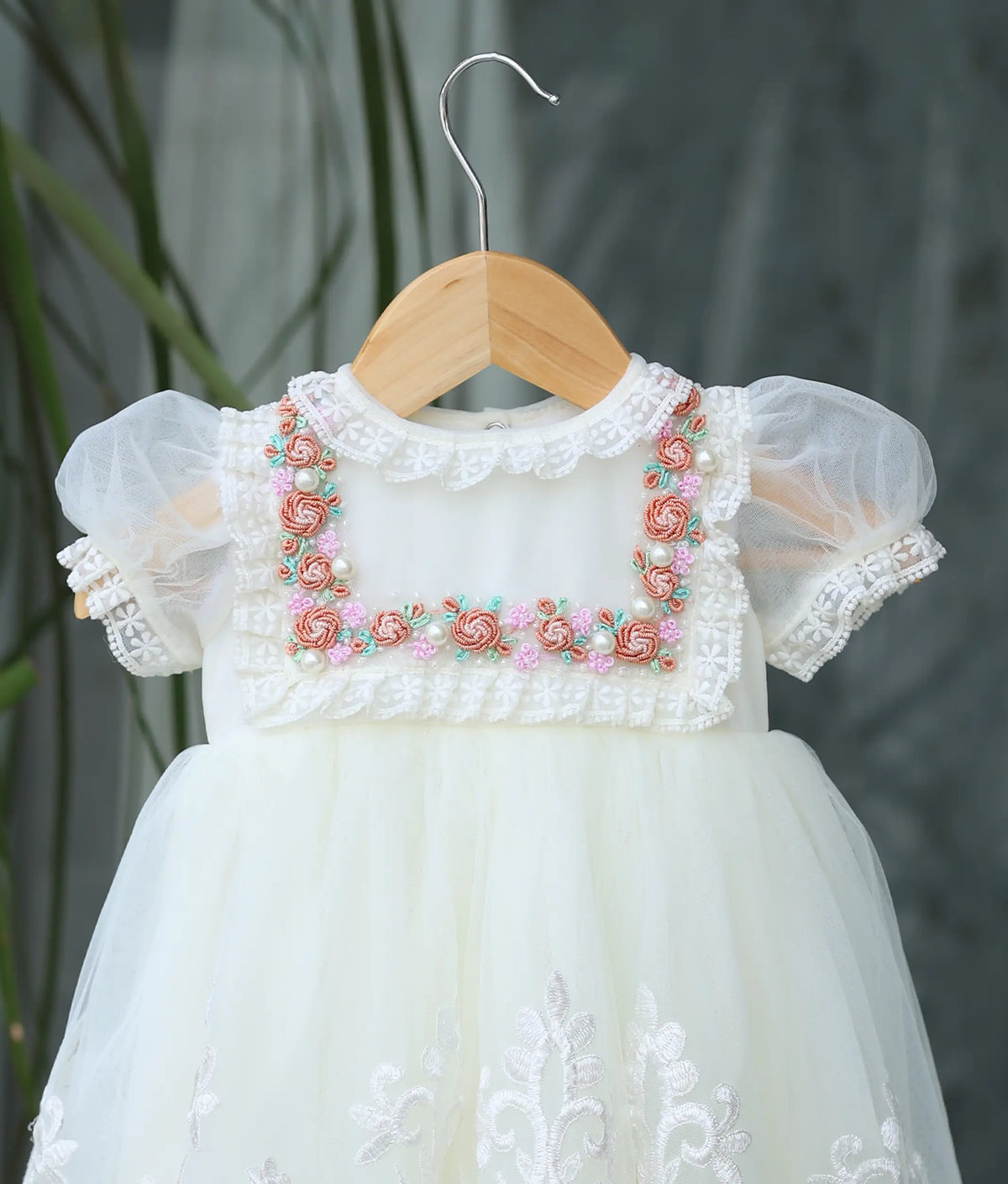 Off-white Tulle Net Handworked High Low Baptism Frock For Baby Girl [Pre-order: 5108]