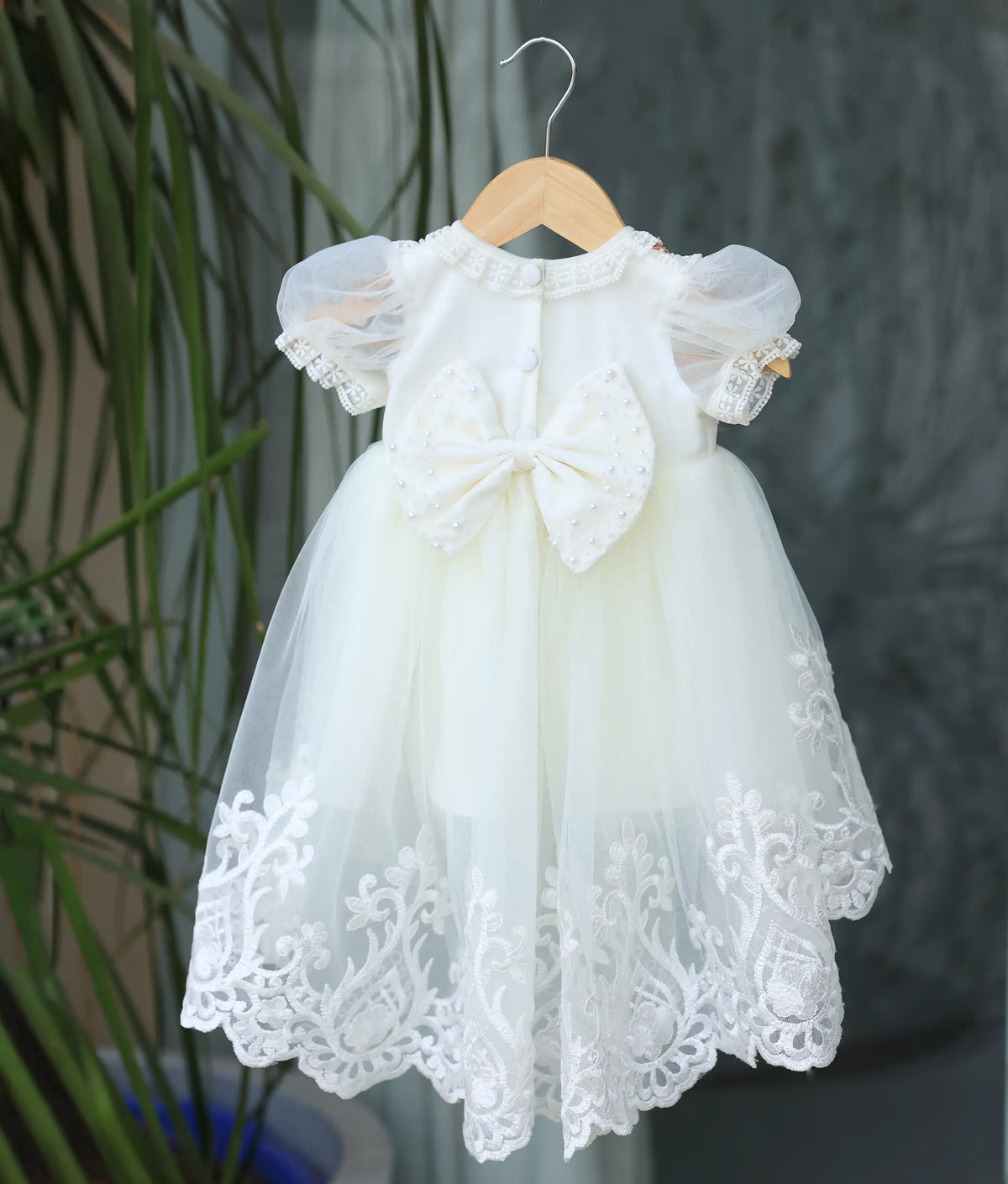 Off-white Tulle Net Handworked High Low Baptism Frock For Baby Girl [Pre-order: 5108]