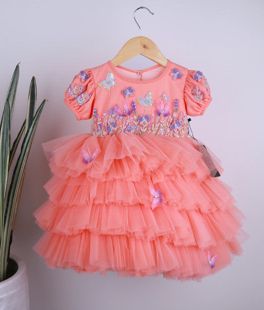 Peach Butterfly Theme Step Birthday Dress For Baby Girl [Pre Order :5119]