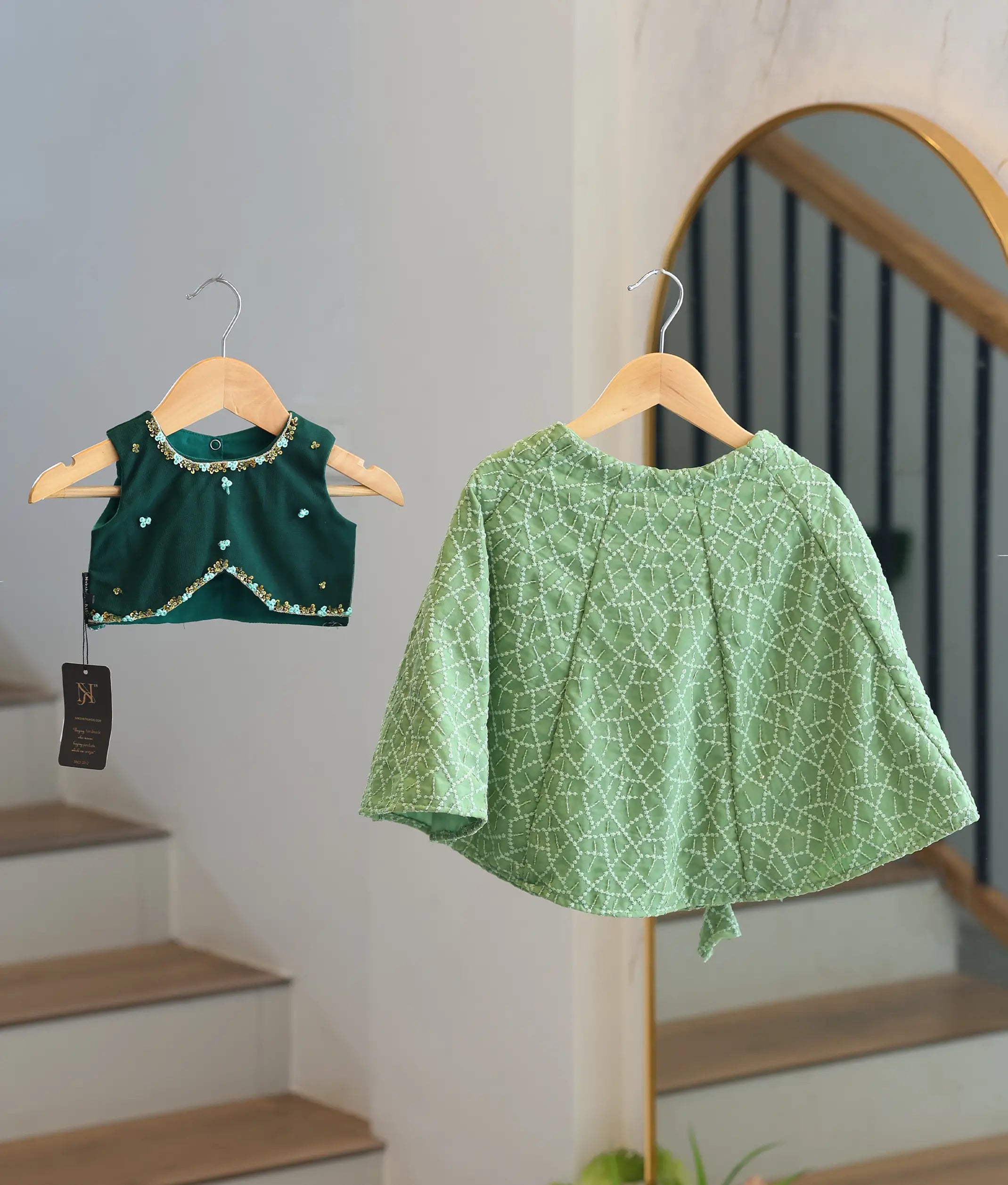 Green Tulle Net Hand worked Top with Georgette Skirt for Baby Girl [5132]