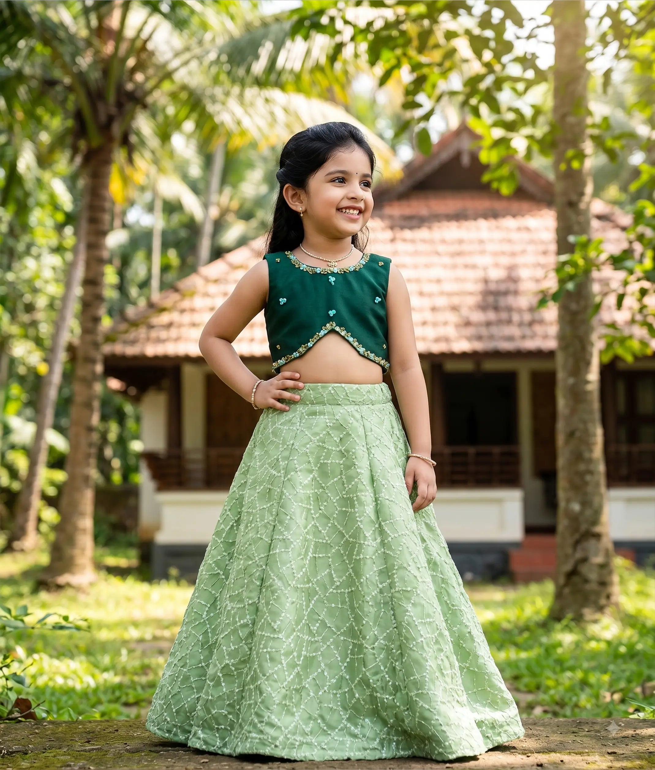 Green Tulle Net Hand worked Top with Georgette Skirt for Baby Girl [5132]