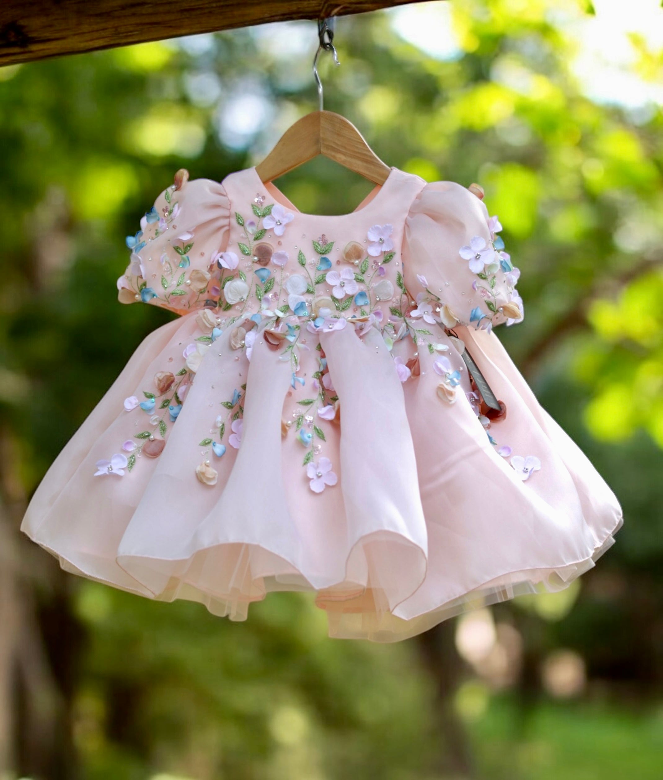 Peach Satin organza Luxurious  Flower Theme Handwork Birthday Frock For Baby Girl [5141]