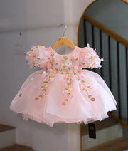 Peach Satin organza Luxurious  Flower Theme Handwork Birthday Frock For Baby Girl [Pre order: 5141]