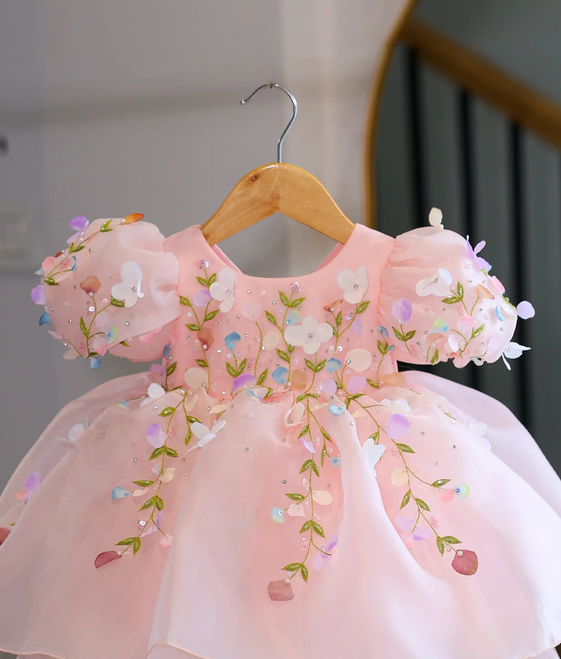 Peach Satin organza Luxurious  Flower Theme Handwork Birthday Frock For Baby Girl [Pre order: 5141]