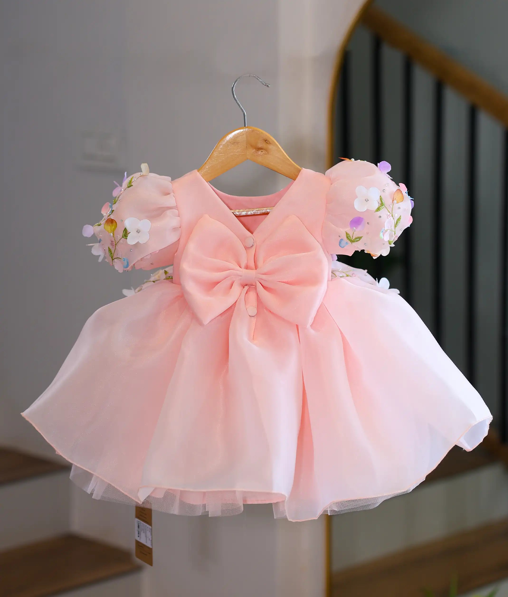 Peach Satin organza Luxurious  Flower Theme Handwork Birthday Frock For Baby Girl [Pre order: 5141]