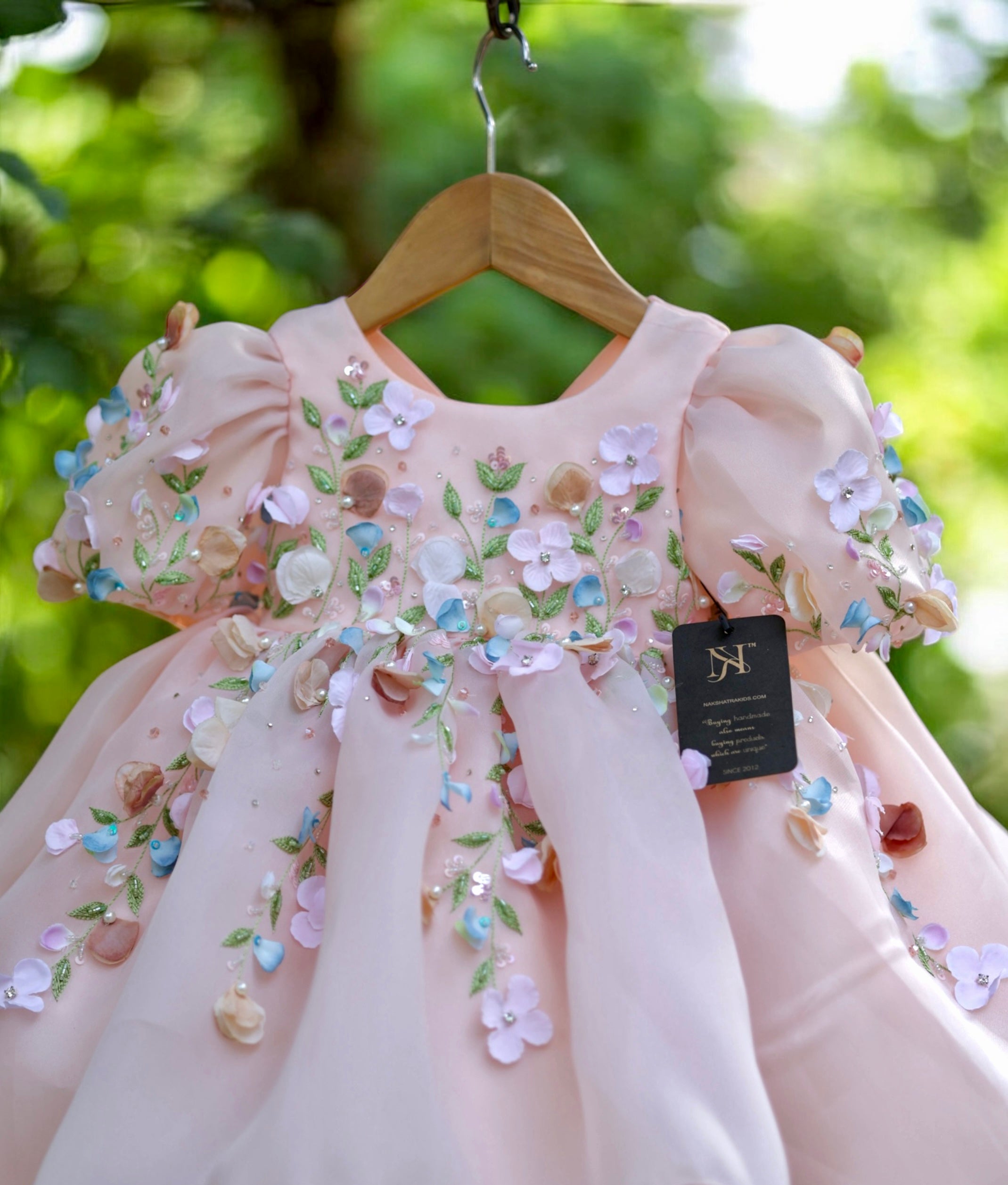 Peach Satin organza Luxurious  Flower Theme Handwork Birthday Frock For Baby Girl [5141]
