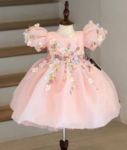 Peach Plain Organza Luxurious  Flower Theme Handworked Birthday Frock For Baby Girl [5141A]