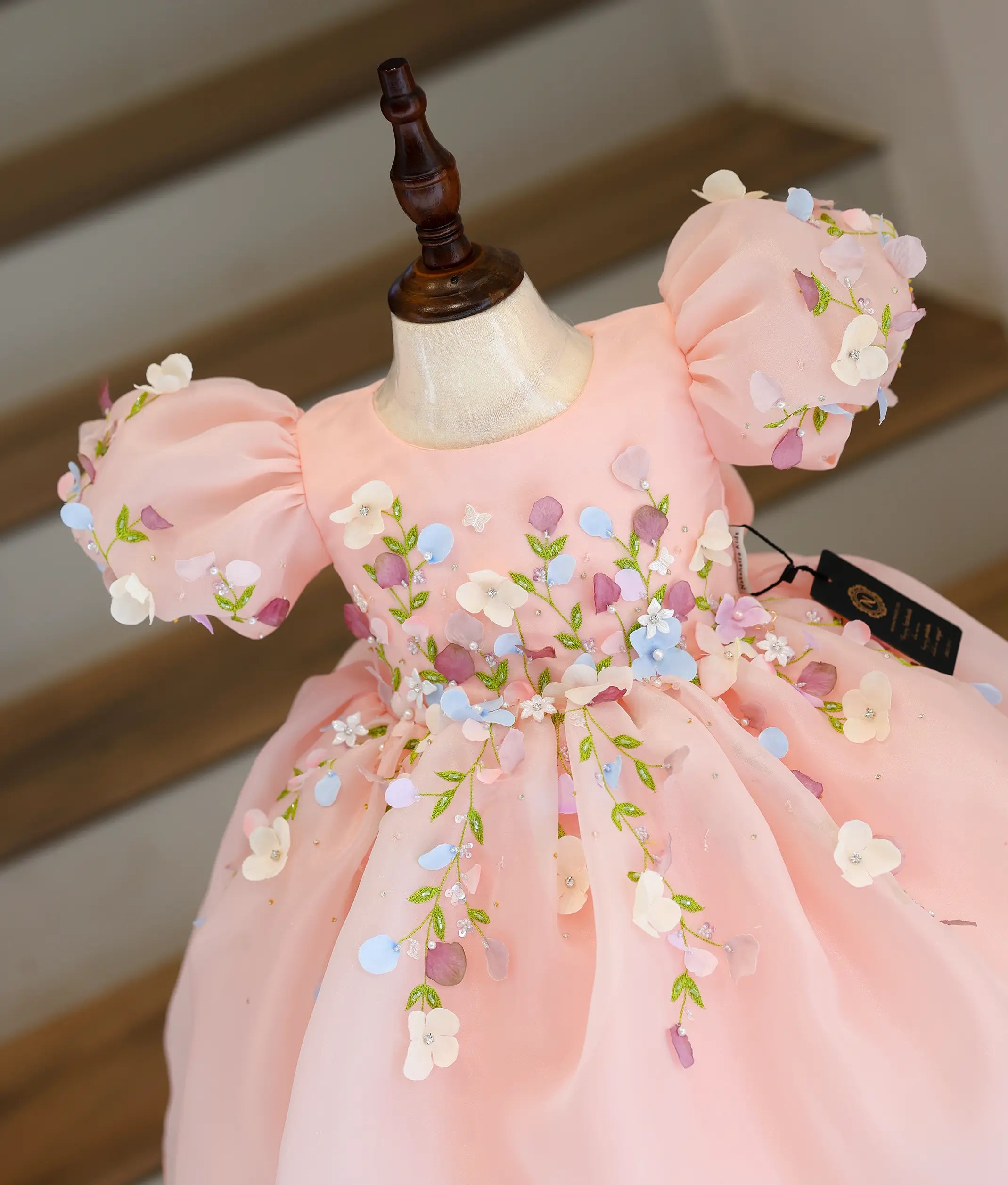 Peach Plain Organza Luxurious  Flower Theme Handworked Birthday Frock For Baby Girl [5141A]