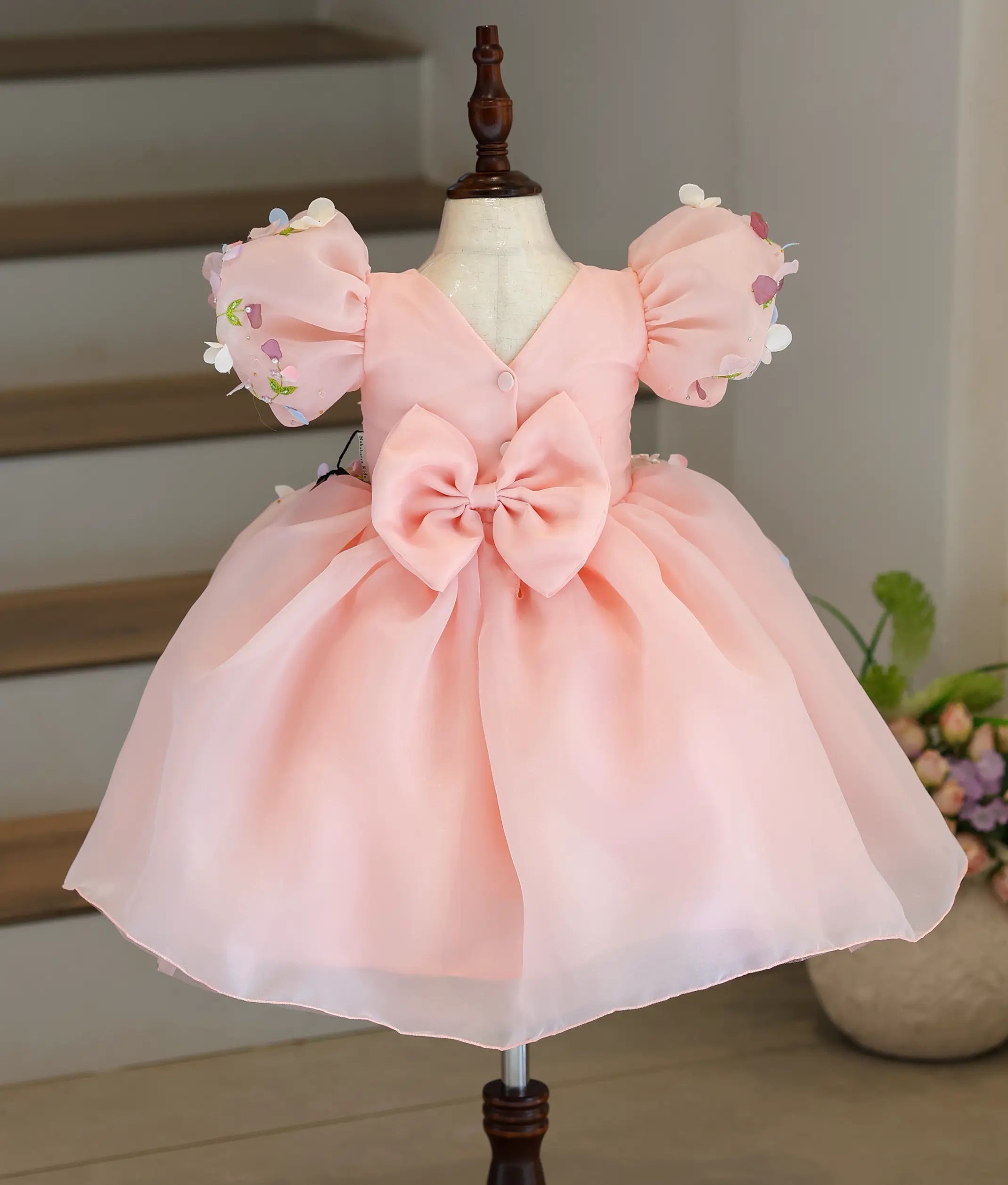 Peach Plain Organza Luxurious  Flower Theme Handworked Birthday Frock For Baby Girl [5141A]