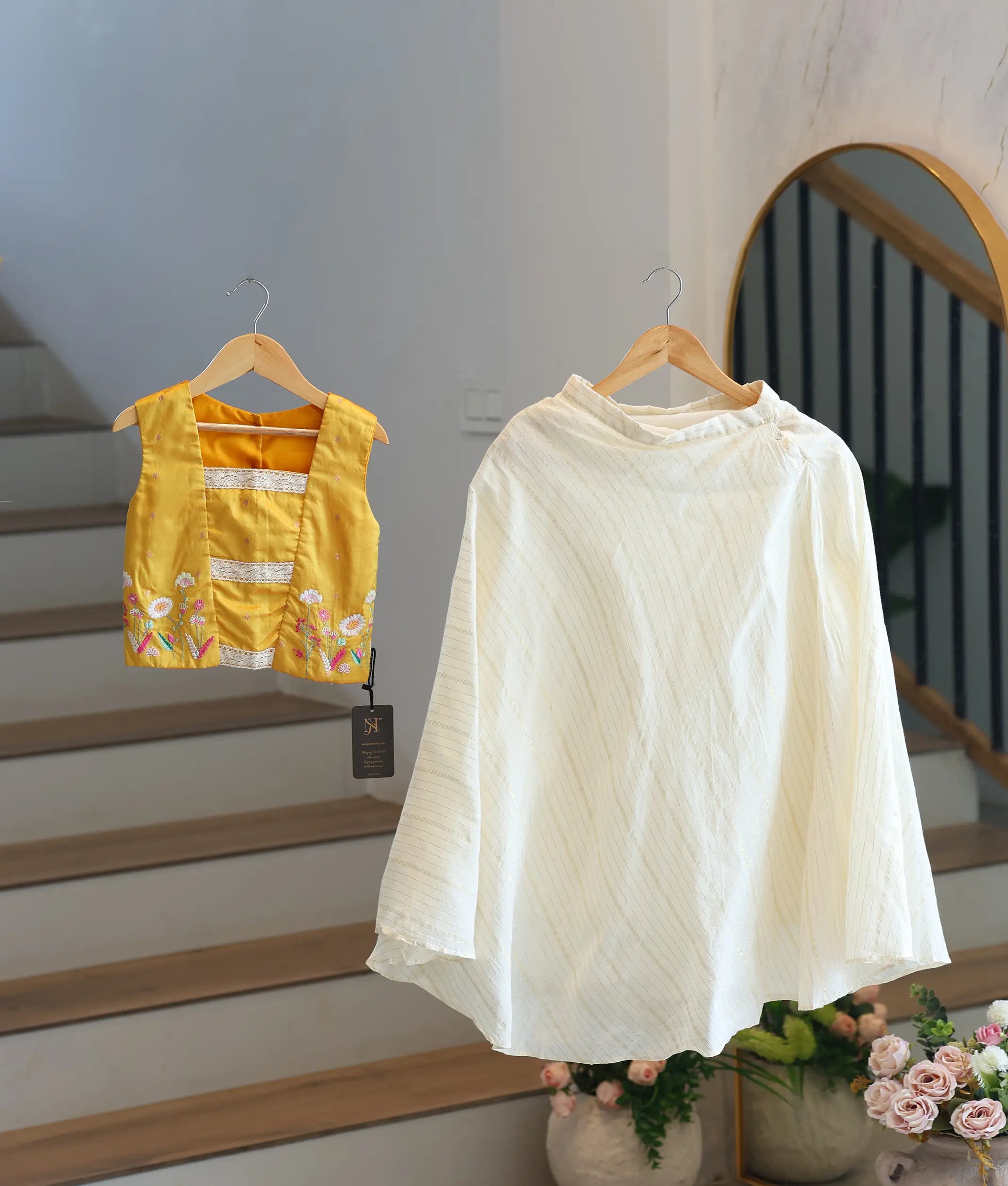 Yellow Silk Embroidered Top with Kasavu Skirt for Baby Girl [5143]