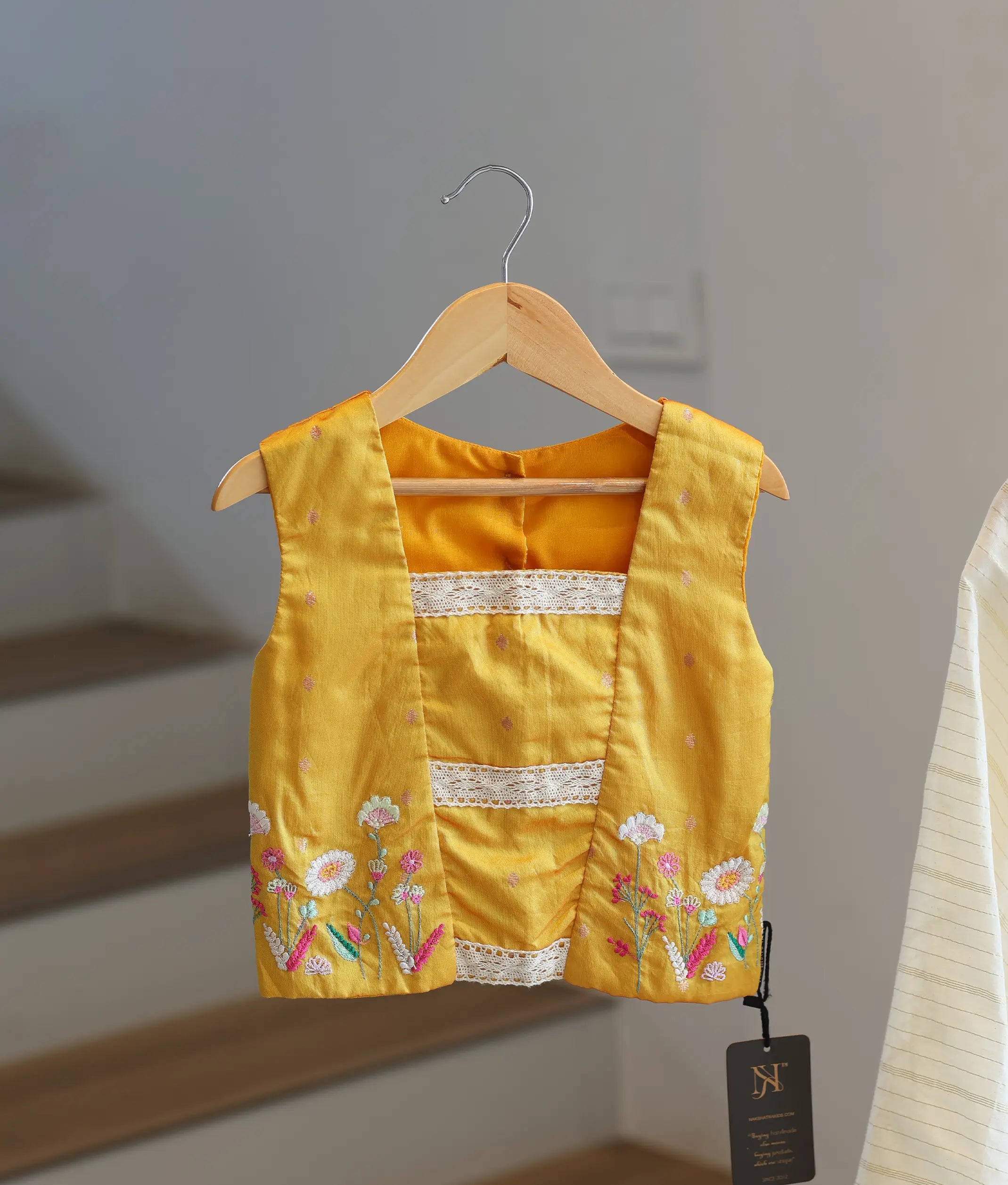 Yellow Silk Embroidered Top with Kasavu Skirt for Baby Girl [5143]