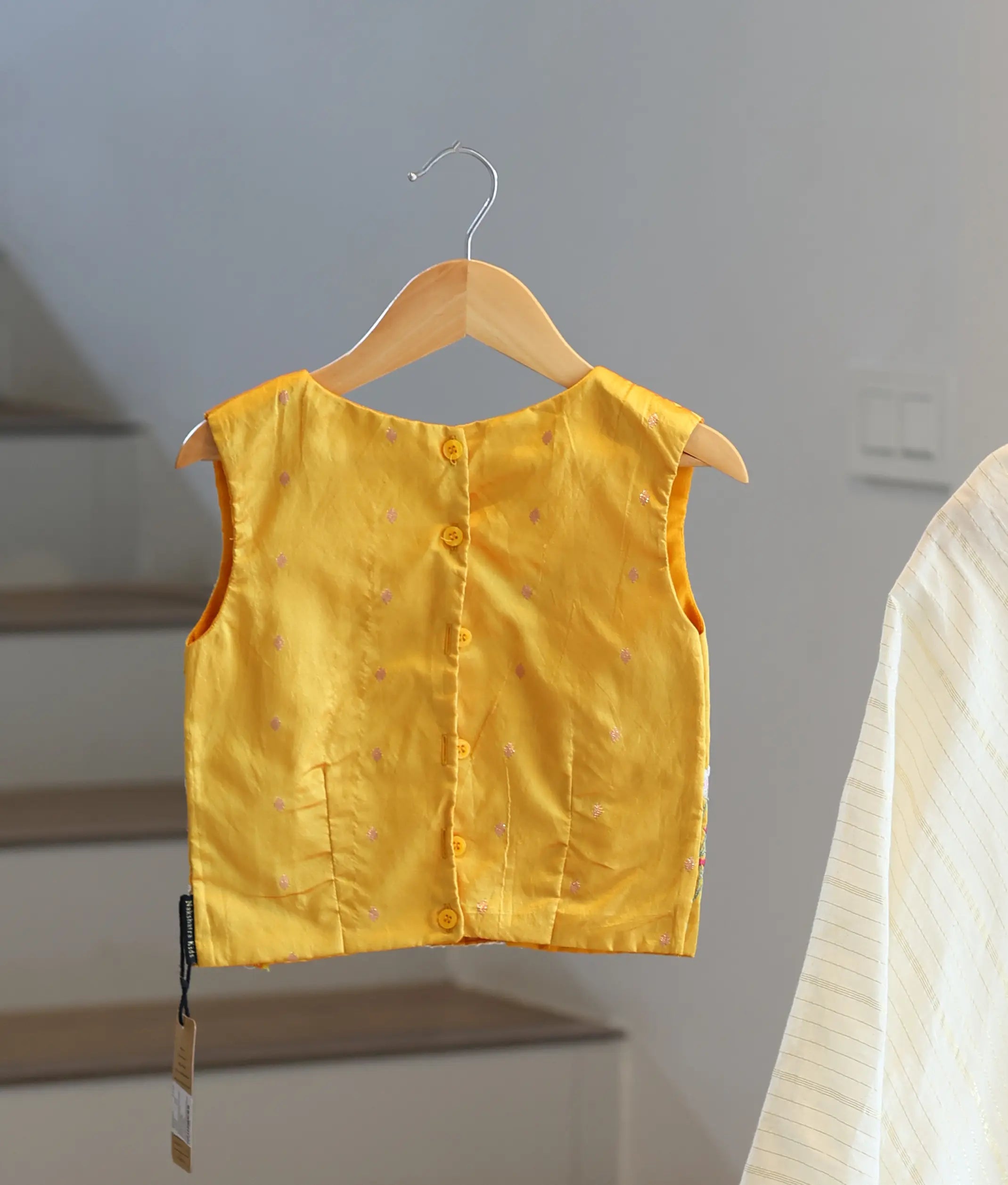 Yellow Silk Embroidered Top with Kasavu Skirt for Baby Girl [5143]