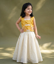 Yellow Silk Embroidered Top with Kasavu Skirt for Baby Girl [5143]