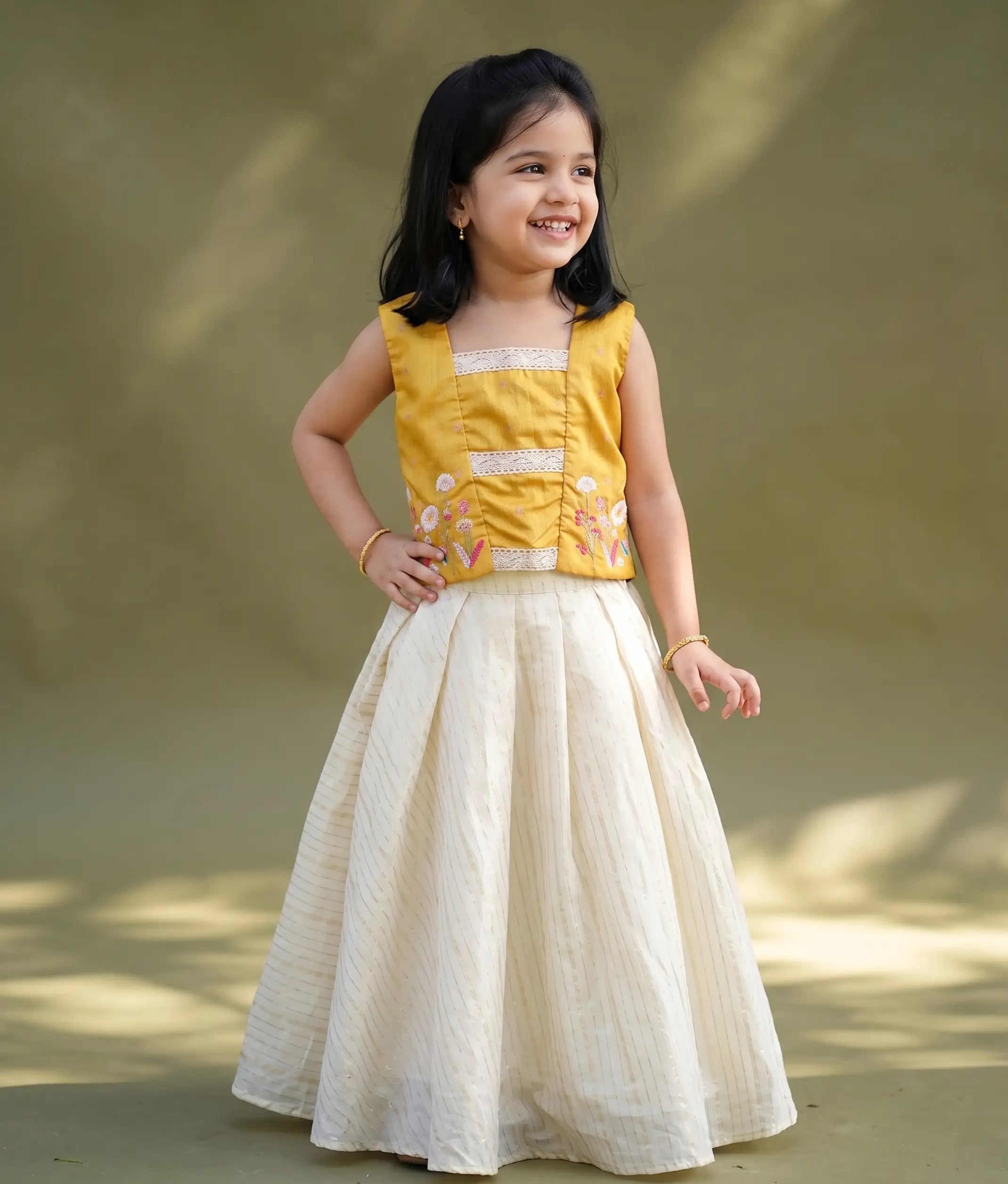 Yellow Silk Embroidered Top with Kasavu Skirt for Baby Girl [5143]