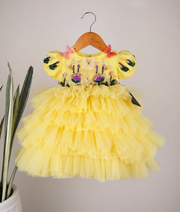 Yellow Handwork Butterfly Theme Step Birthday Dress For Baby Girl [Pre Order :5147]