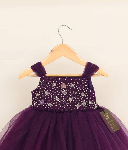 Dark Purple Tulle Net Handworked Birthday Frock For Baby Girl [Ready to ship:5148]