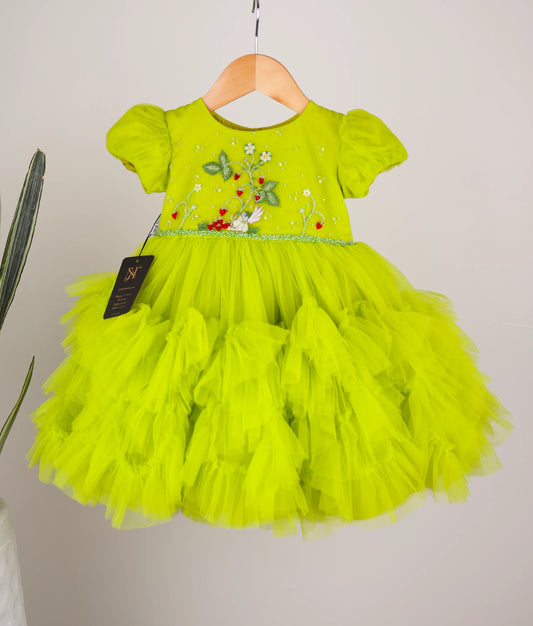 Fluorescent Green Strawberry Theme Step Birthday Dress For Baby Girl [Pre Order :5150]