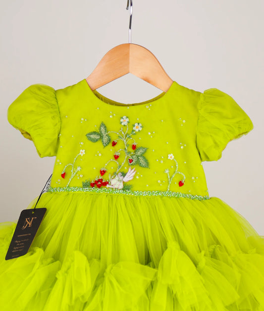 Fluorescent Green Strawberry Theme Step Birthday Dress For Baby Girl [Pre Order :5150]