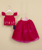 Rani Pink Tulle Net Hand worked Top with Organza skirt for Diwali [5166]