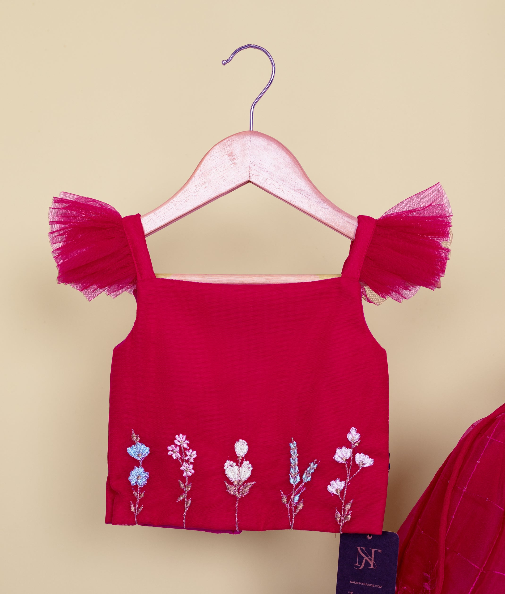 Rani Pink Tulle Net Hand worked Top with Organza skirt for Diwali [5166]