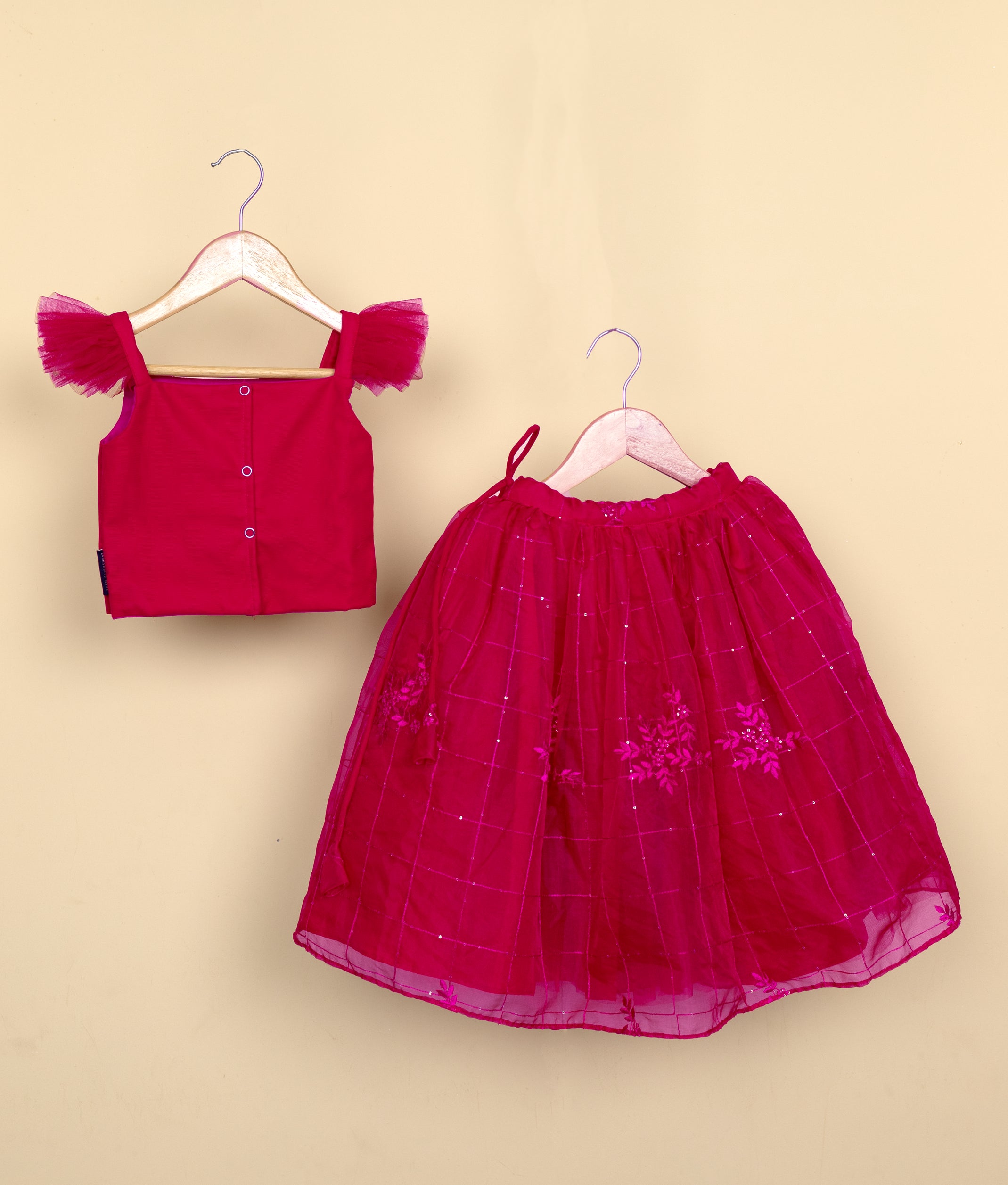 Rani Pink Tulle Net Hand worked Top with Organza skirt for Diwali [5166]