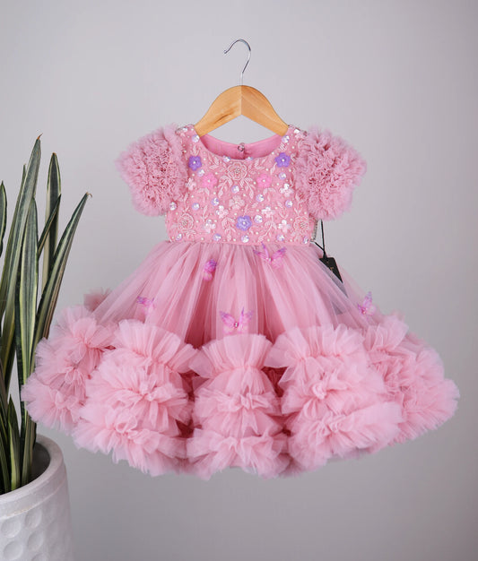 Pink HandWorked Butterfly Theme Birthday Frock For Baby Girl [Pre order:5170]
