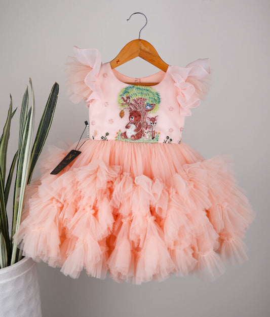 Powder Peach Handworked Teddy Theme Frock For Baby Girl [Pre-Order :5171]
