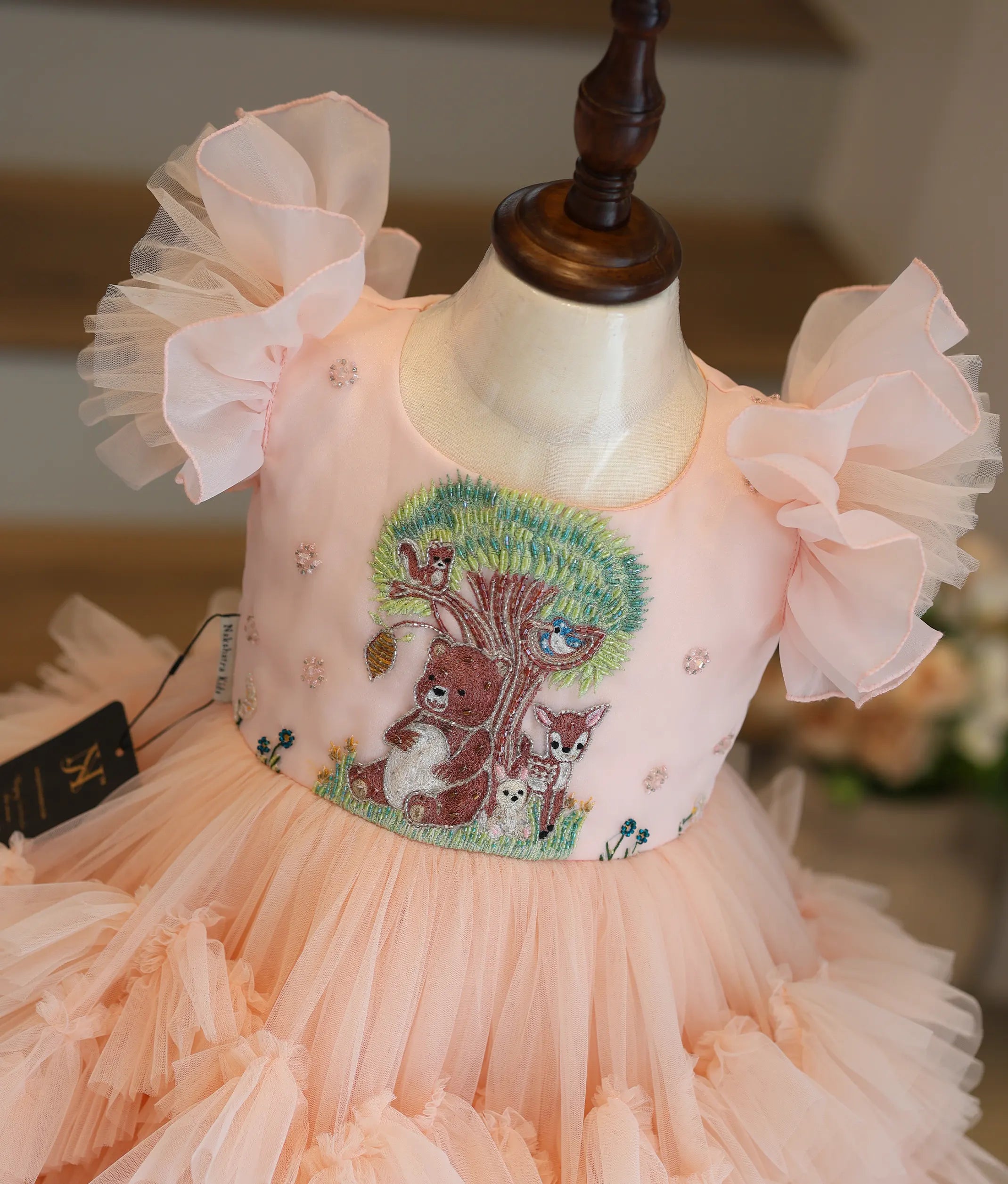 Peach teddy bear Tulle net Birthday Frock For Baby Girl [Ready To Ship: 5171]