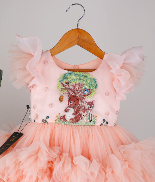 Powder Peach Handworked Teddy Theme Frock For Baby Girl [Pre-Order :5171]