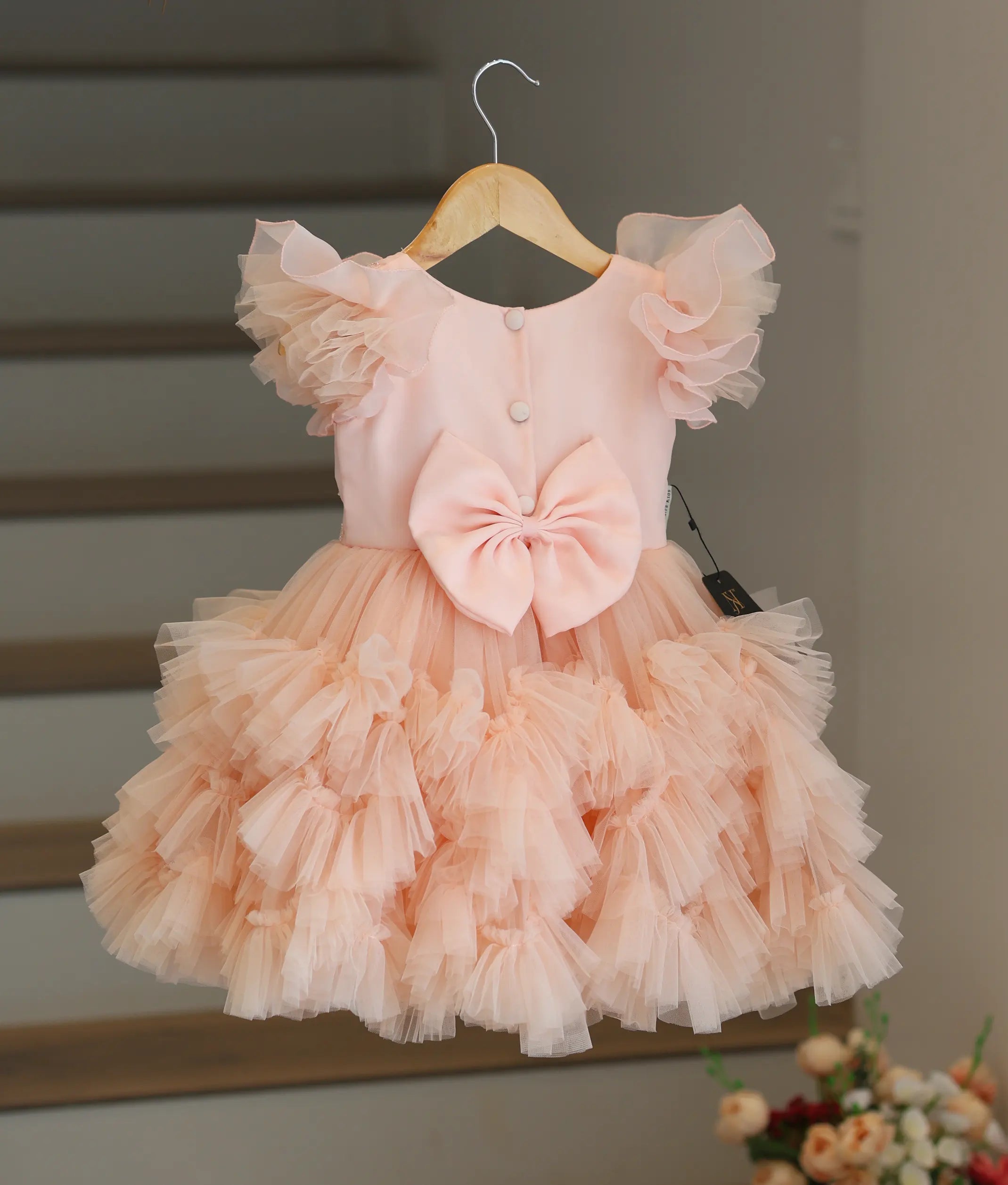 Peach teddy bear Tulle net Birthday Frock for Baby Girl [5171]