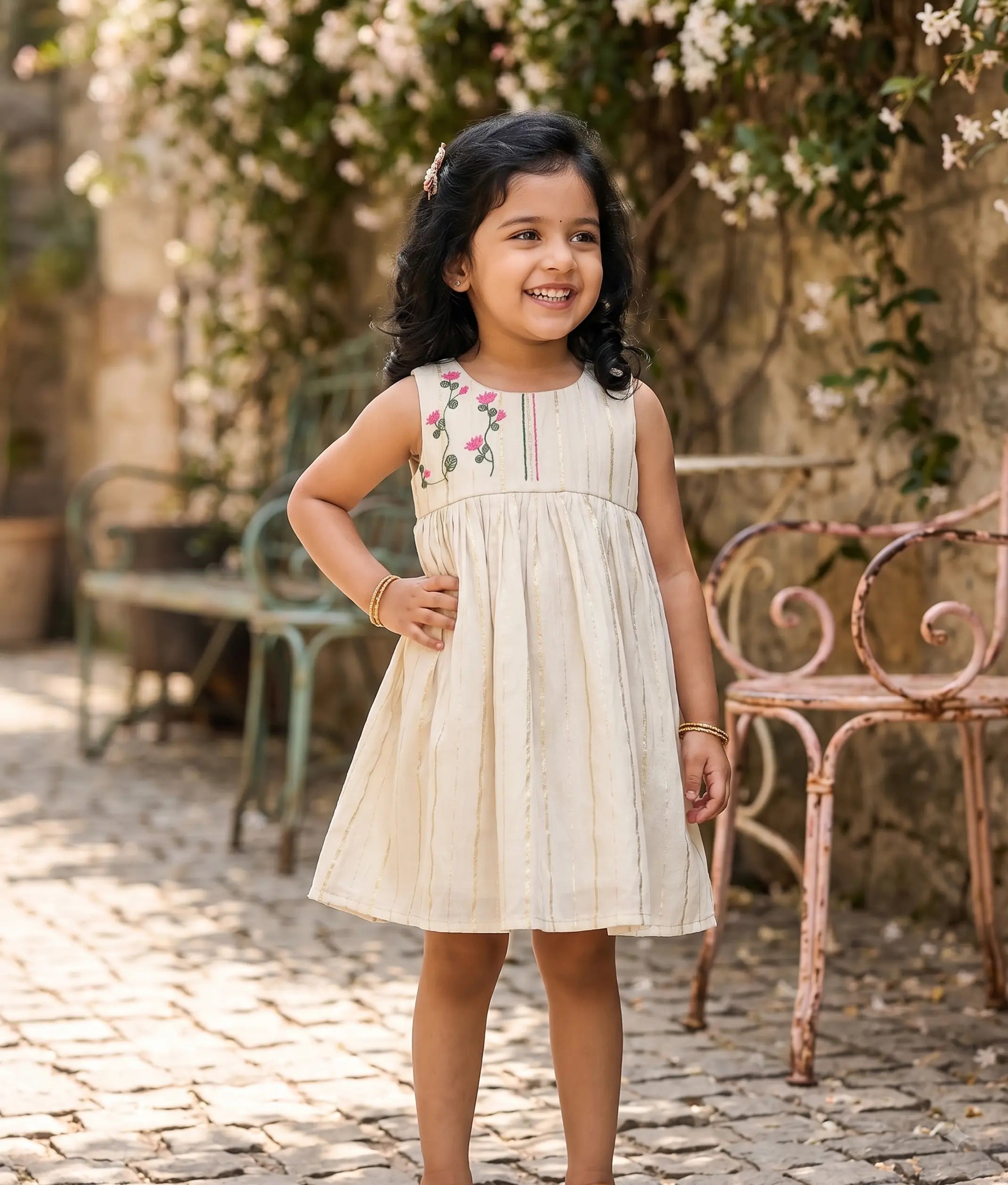 Off-White Cotton Embroidery Frock for Baby Girl [5176]